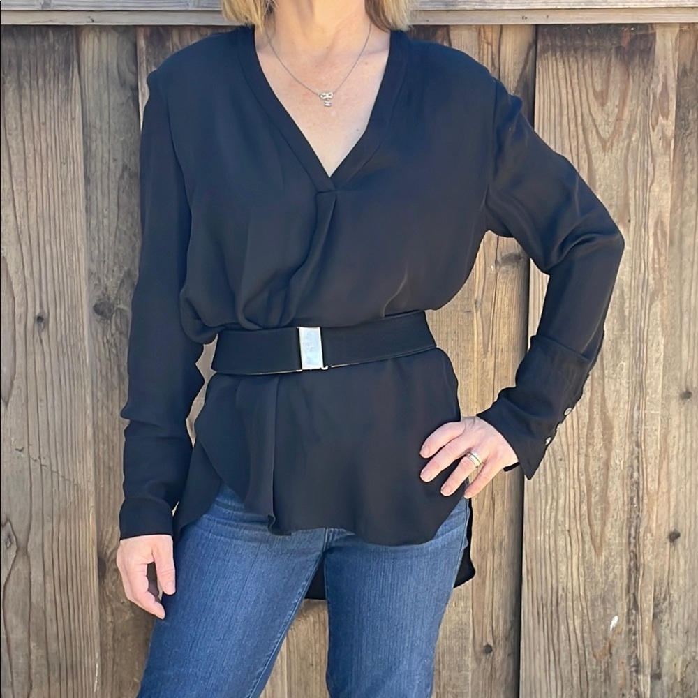 Sheer Black Magaschoni V Neck Hi Low Tunic Blouse